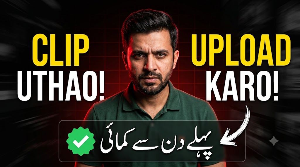 AI-generated example result for the youtube-thumbnail prompt: Clip Uthao Upload Karo Thumbnail – Earn From Day 1 Urdu Content Design AI YouTube Thumbnail Prompt