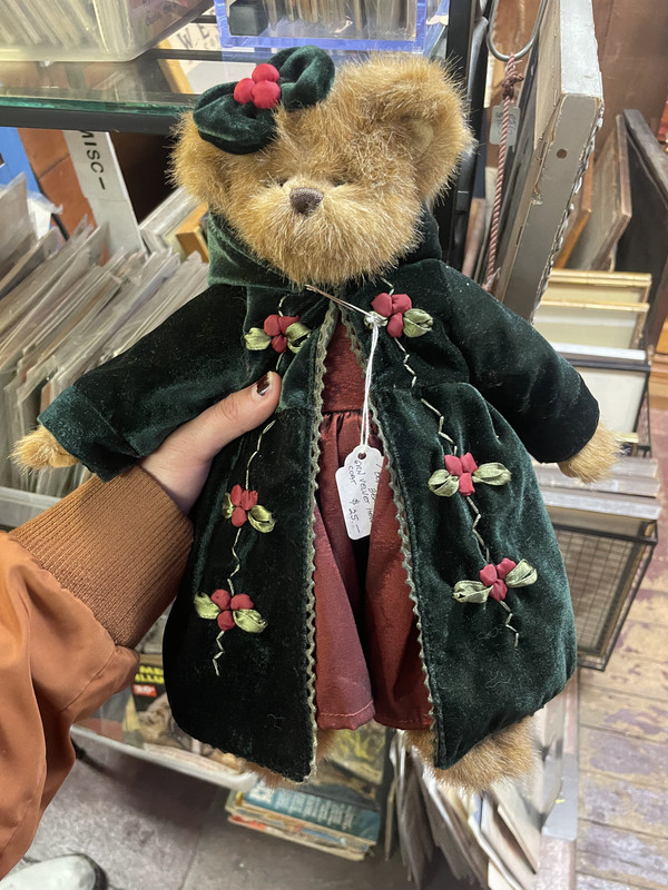 Ladybear, a stuffed brown bear with a red dress and a green coat over it.