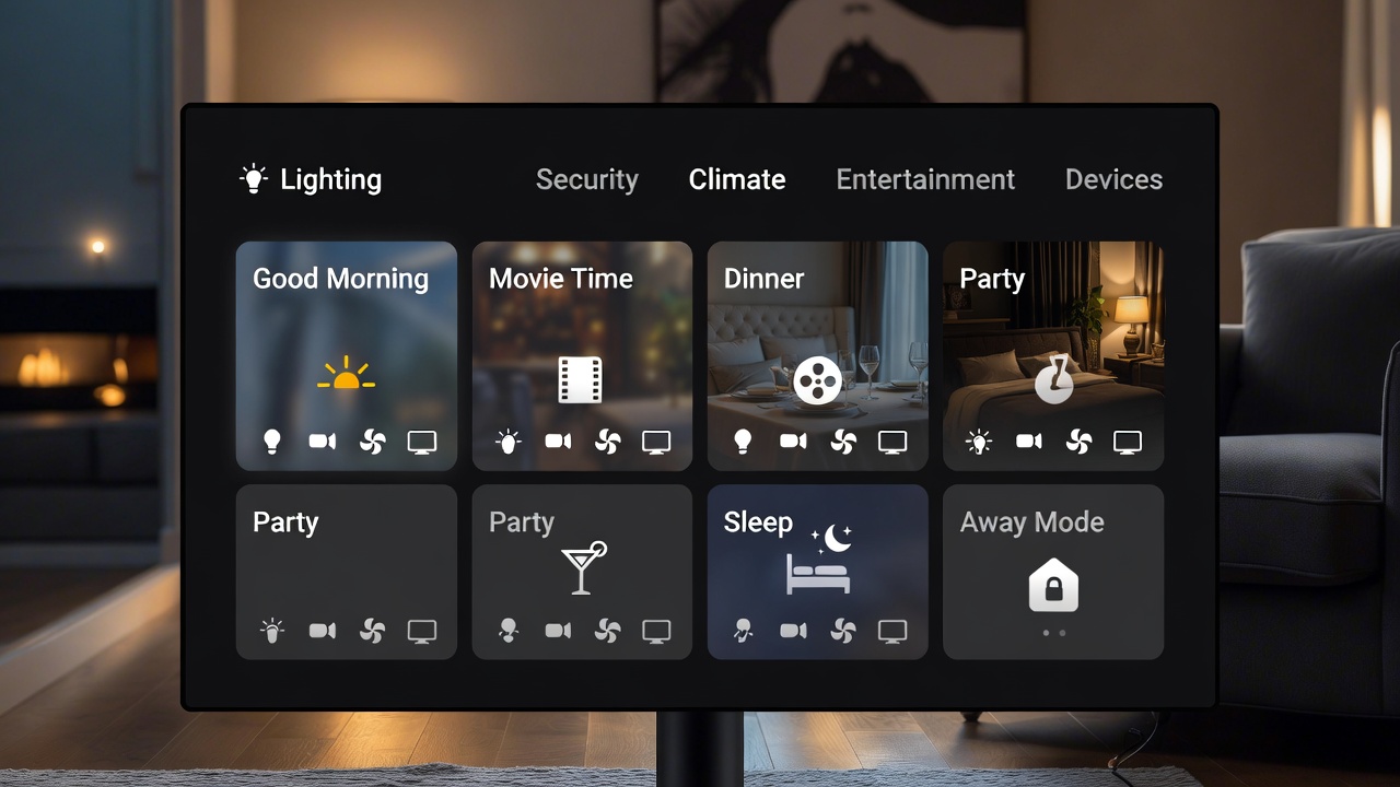 Modern smart home control panel displaying automated scenes for lighting, security, and entertainment