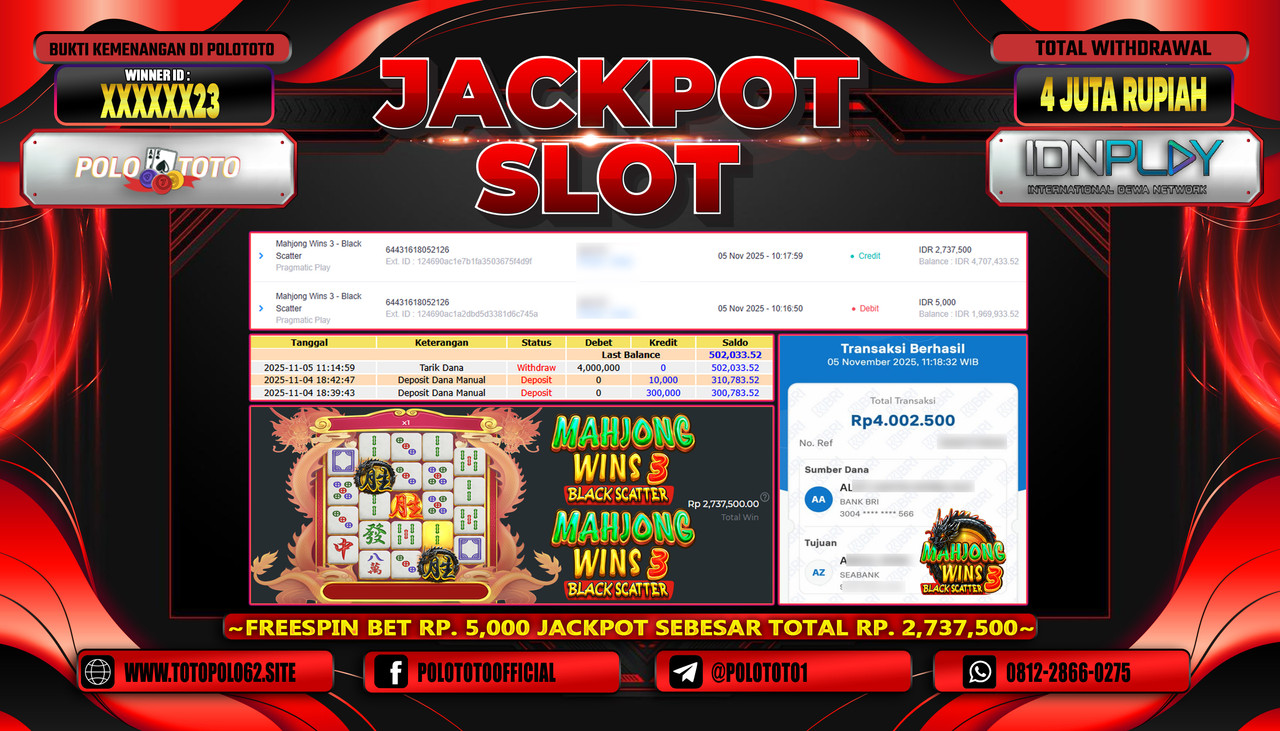 POLOTOTO JACKPOT SLOT MAHJONG WINS 3 - BLACK SCATTER Rp.4.000.000,- LUNAS