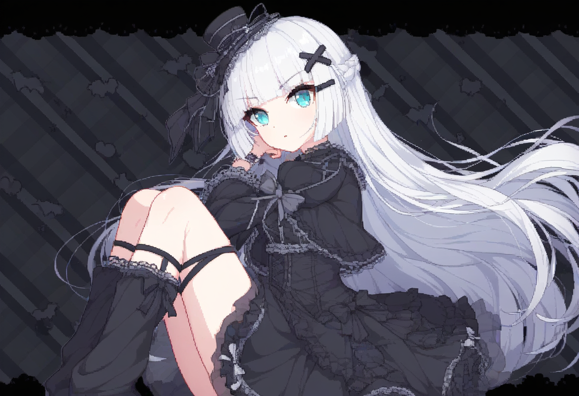 1girl, striped background, aqua eyes, long hair, hime cut, white hair, short ban s-1176560670