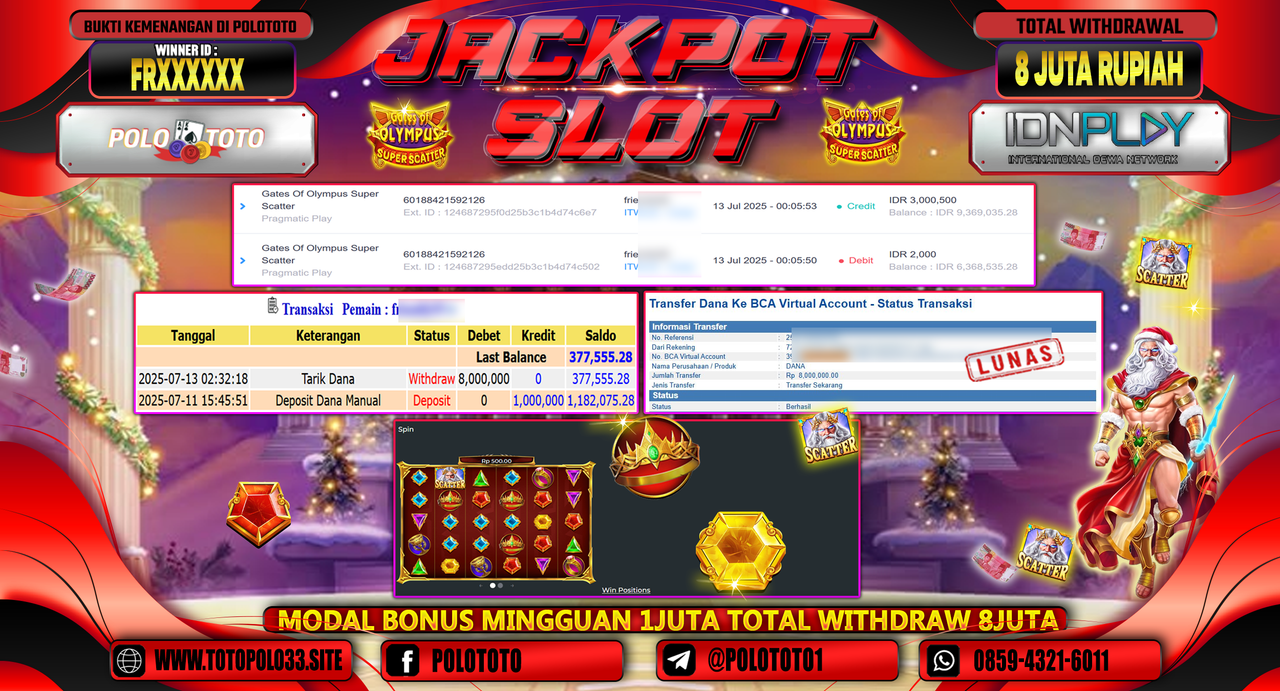 POLOTOTO JACKPOT SLOT GATES OF OLYMPUS SUPER SCATTER Rp.8.000.000,-