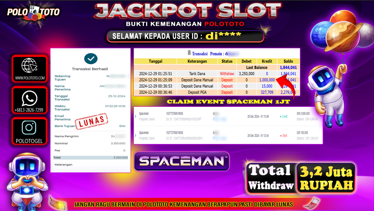 POLOTOTO JACKPOT SLOT SPACEMAN Rp.3,250.000,-