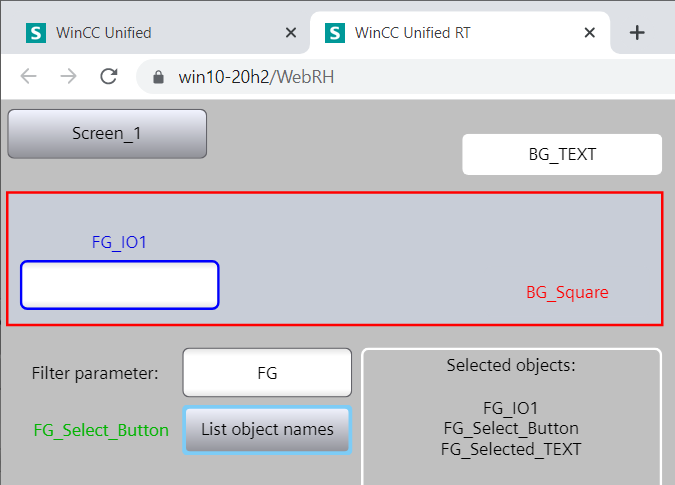 WinCC Unified Runtime objects of the active screen list WinCC Unified Runtime objects of the active screen list