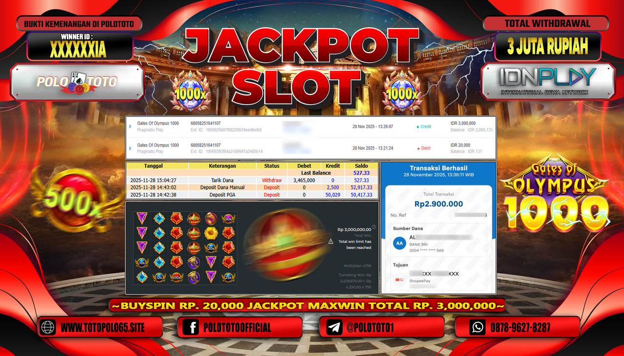 POLOTOTO JACKPOT SLOT GATES OF OLYMPUS 1000 Rp.3.000.000,- LUNAS