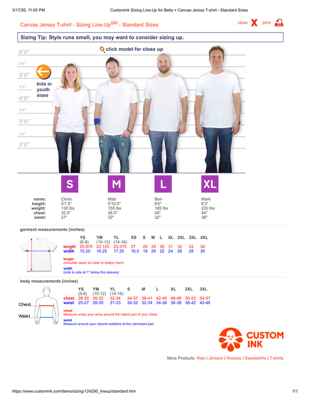 Custom Ink Sizing Line Up for Bella Canvas Jersey T shirt Standard Sizes