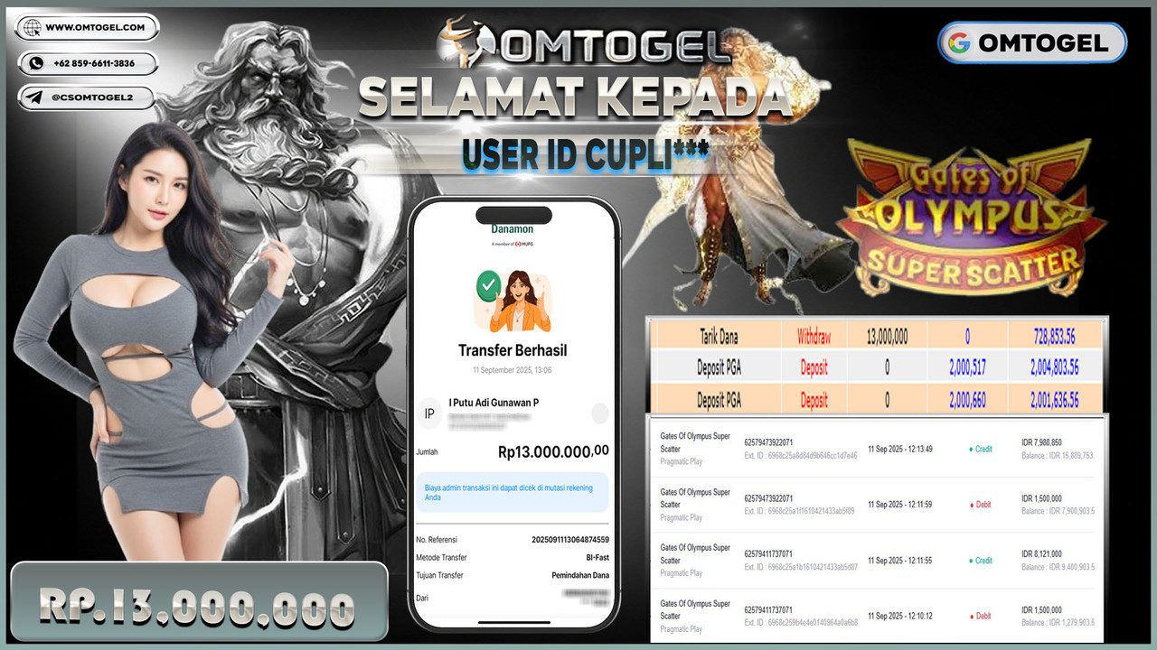 OMTOGEL JACKPOT PRAGMATIC PLAY GATES OF OLYMPUS SUPER SCATTER 13 JUTA DI BAYAR LUNAS ,-