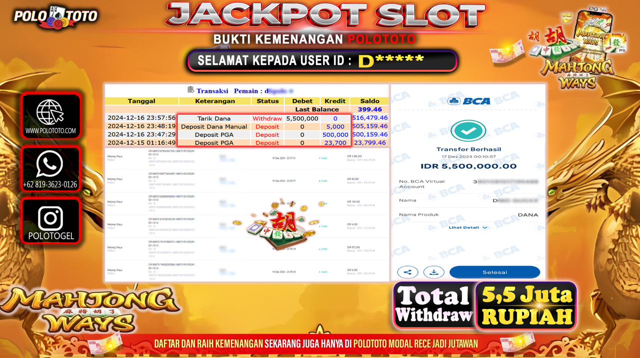 POLOTOTO JACKPOT SLOT MAHJONG WAYS Rp.5,500.000,-