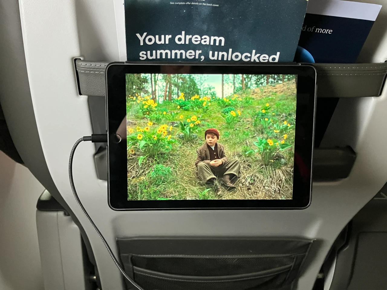 Device propped in seatback caddy
