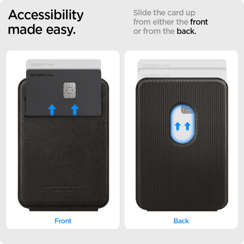Billetera Spigen Smart Fold acoplada a un iPhone, mostrando su diseño delgado.