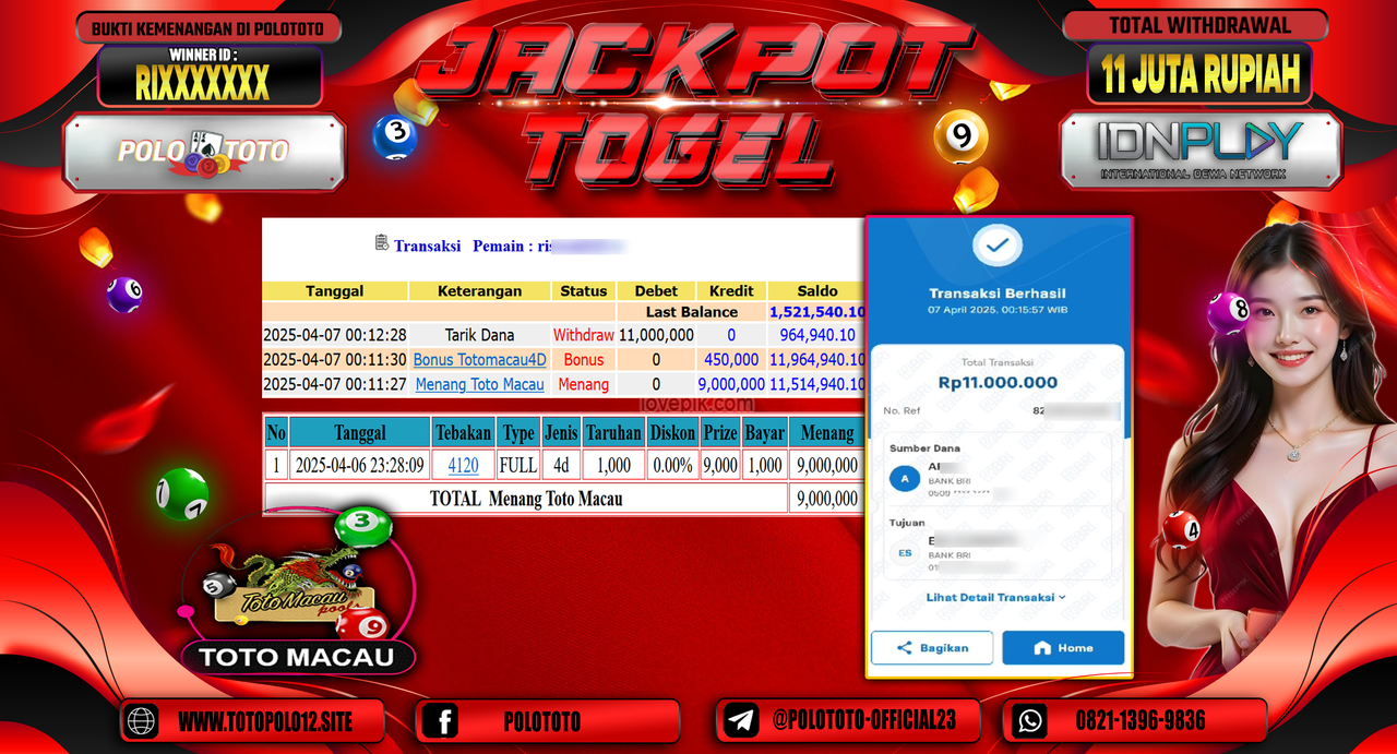 POLOTOTO JACKPOT TOGEL TOTO MACAU 4D  Rp.11.000.000,- LUNAS