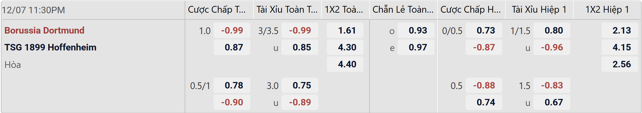 Tỉ lệ kèo Dortmund vs Hoffenheim