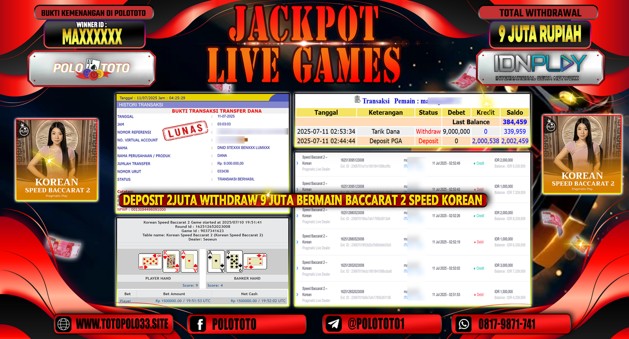 POLOTOTO JACKPOT LIVE GAMES SPEED BACCARAT 2-KOREAN Rp.9.000.000,-