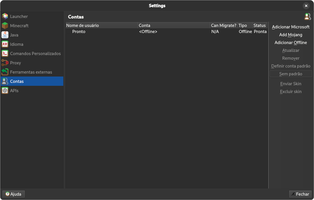 Configurações de Conta do PrismLauncher