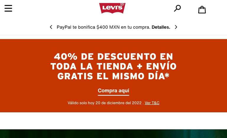 Levis - 40% de descuento en toda la tienda. Aplica Cashback de compras anteriores (aplicable en varias compras) 
