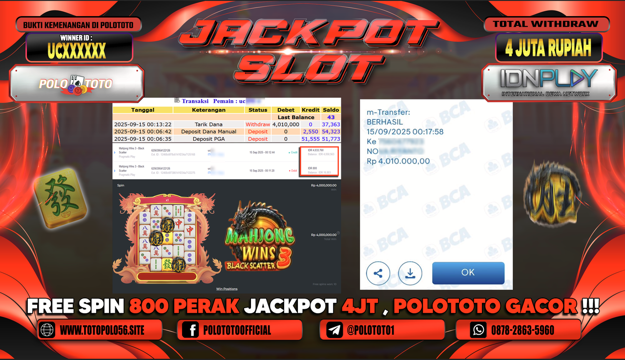 POLOTOTO JACKPOT SLOT MAHJONG WINS 3-BLACK SCATTER Rp.4.000.000,-
