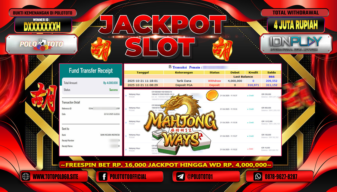 POLOTOTO JACKPOT SLOT MAHJONG WAYS Rp.4.000.000,- LUNAS