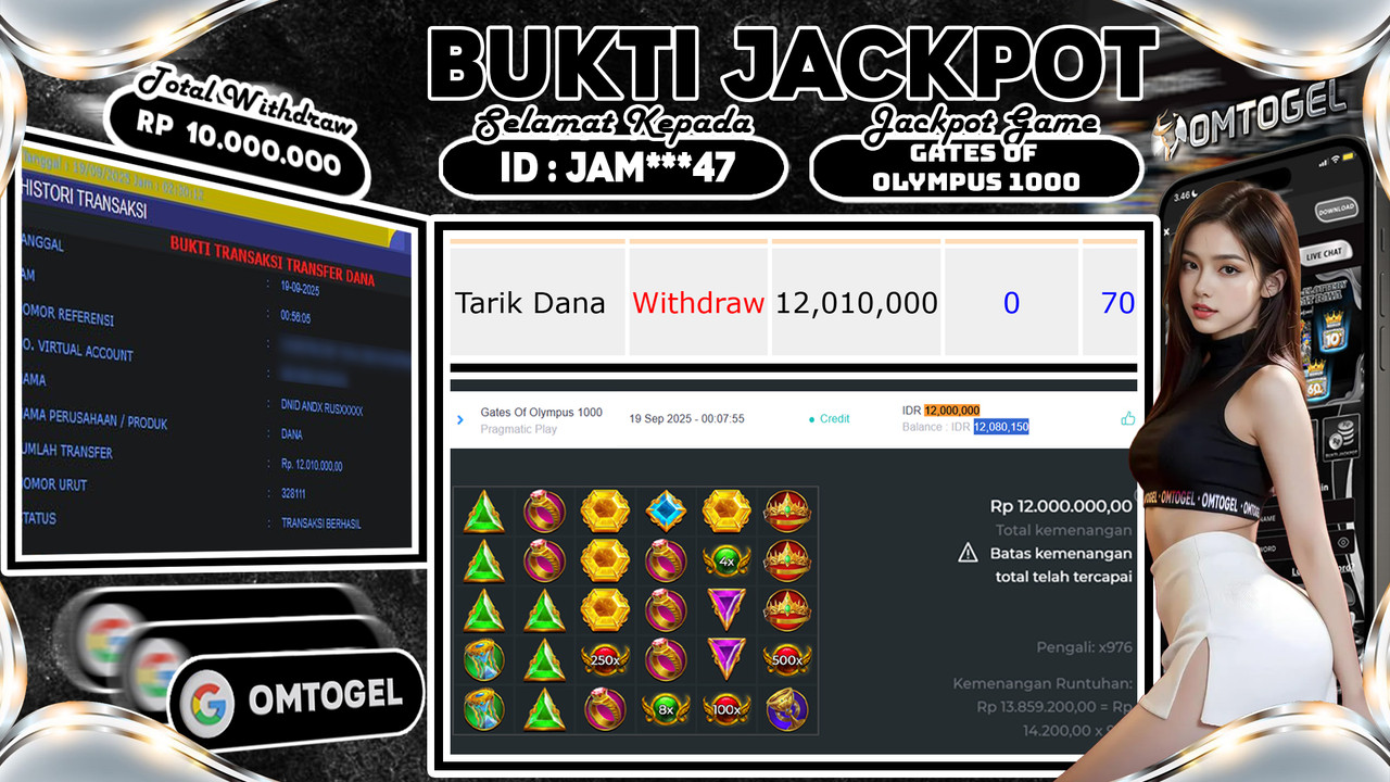 OMTOGEL JACKPOT PRAGMATIC PLAY GATES OF OLYMPUS 1000 12 JUTA DI BAYAR LUNAS ,-