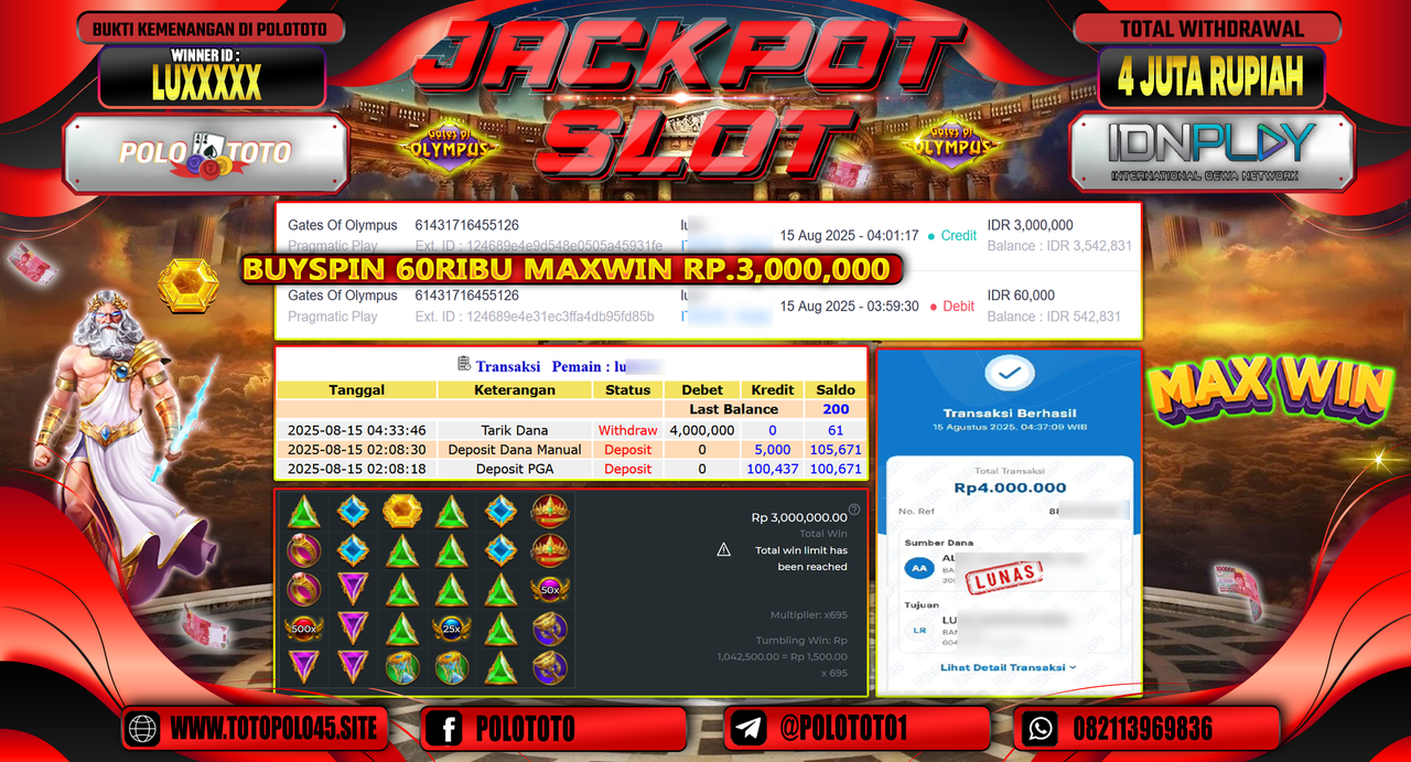 POLOTOTO JACKPOT SLOT GATES OF OLYMPUS Rp.4.000.000,-LUNAS