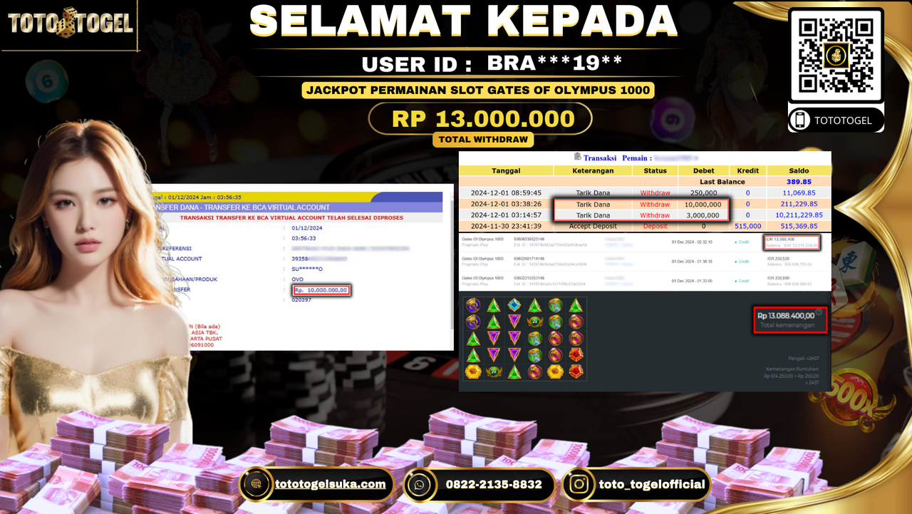 Bukti Pembayaran Jackpot Permainan Slot Gates Of Olympus 1000 ID: BRA***19** LUNAS 