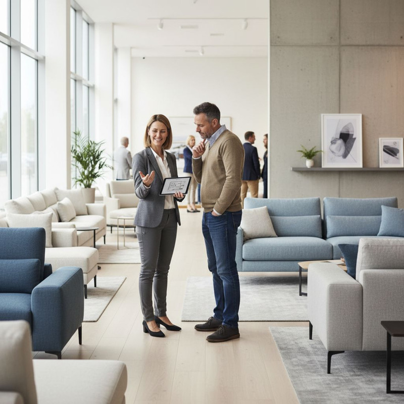 Консультант отвечает на частые вопросы клиентов об условиях аренды мебели, показывая пункты в договоре.