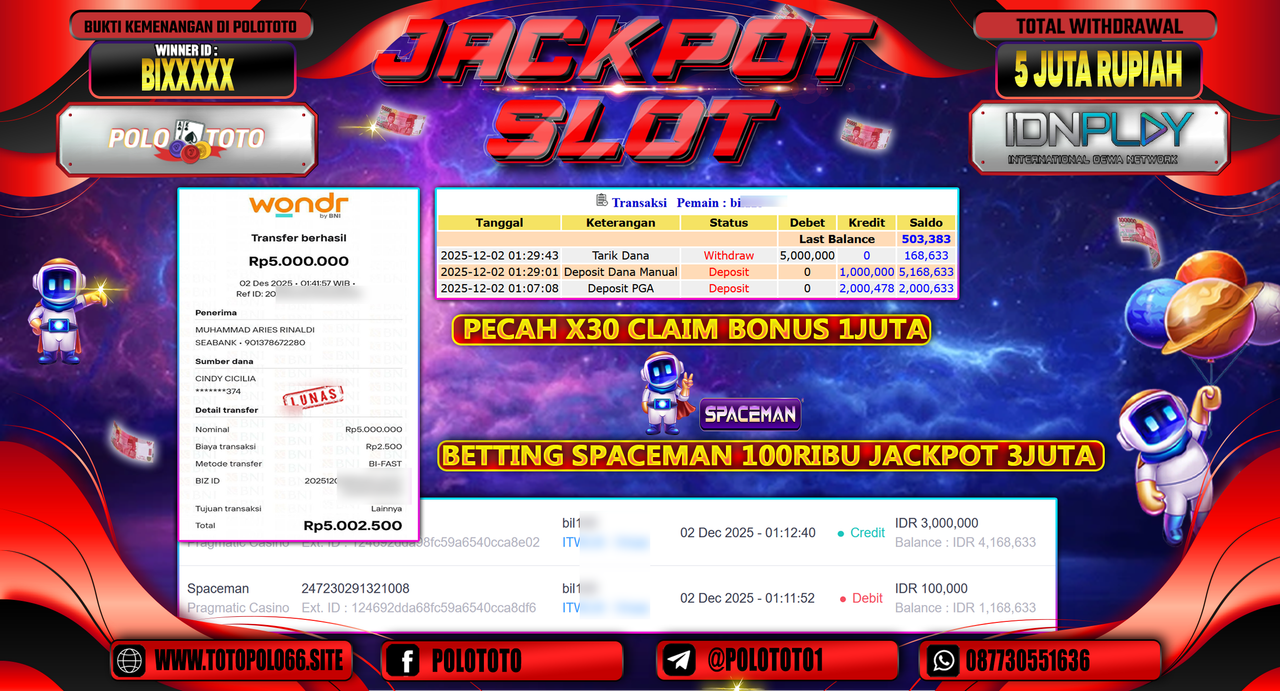 POLOTOTO JACKPOT SLOT SPACEMAN Rp.5.000.000,- LUNAS