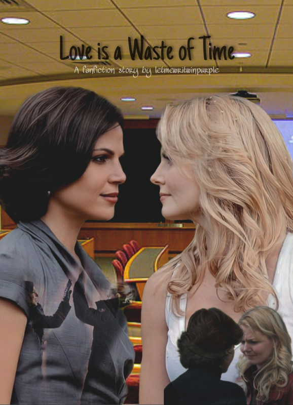 In this image, we find Regina and Emma facing in each other in a debate classroom. Regina is on the left and Emma on the right. We can also see blended images of Emma and Regina almost kissing in season 1 during the mines episode and the blended image of Lana and Jen highing five.