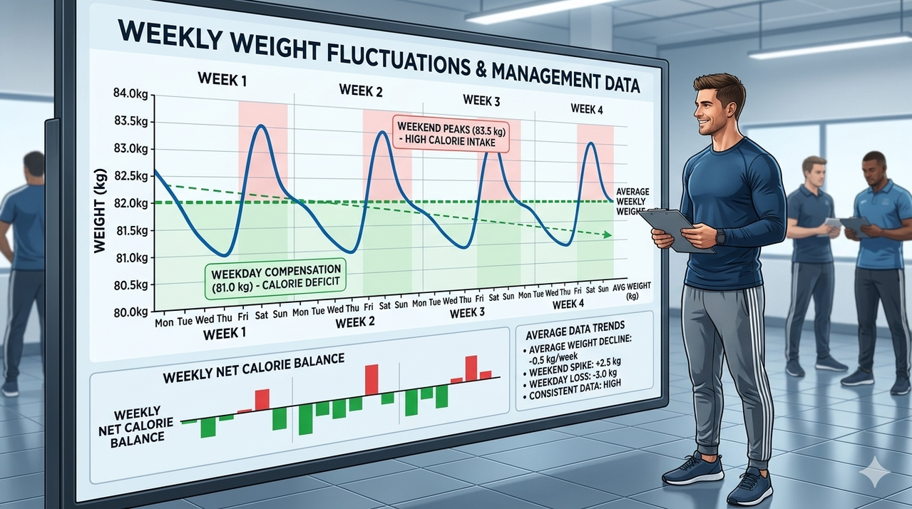 Graph showing weekly weight fluctuations with weekend peaks and weekday compensation weight management data for bulking consistency