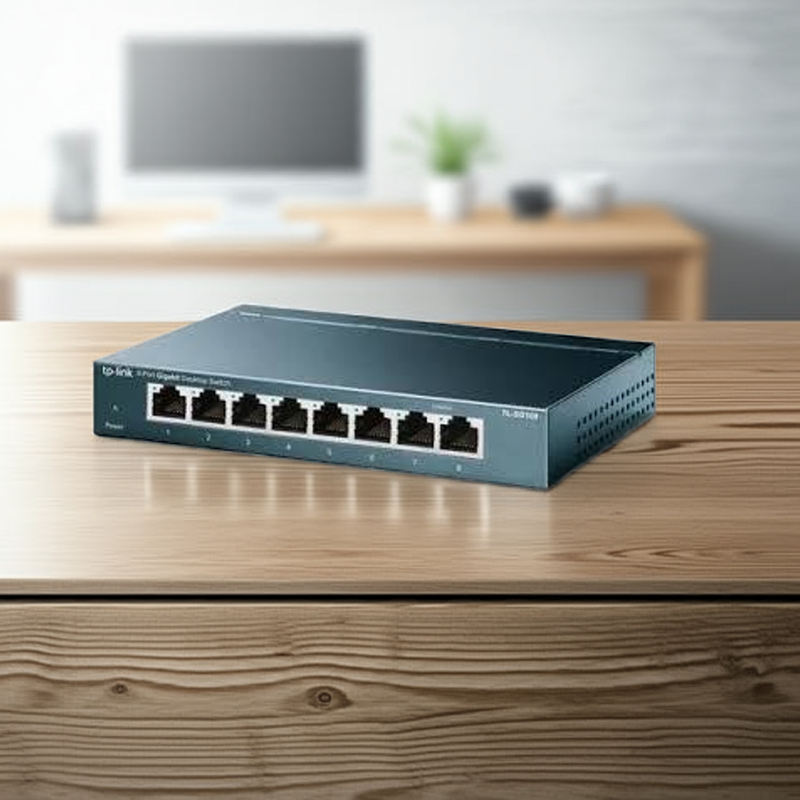 Switch TP-Link TL-SG1008P exibindo suas 8 portas Gigabit, com as 4 portas PoE destacadas.