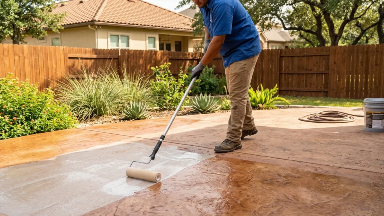 Applying concrete sealer to stained patio floor with roller in San Antonio backyard
