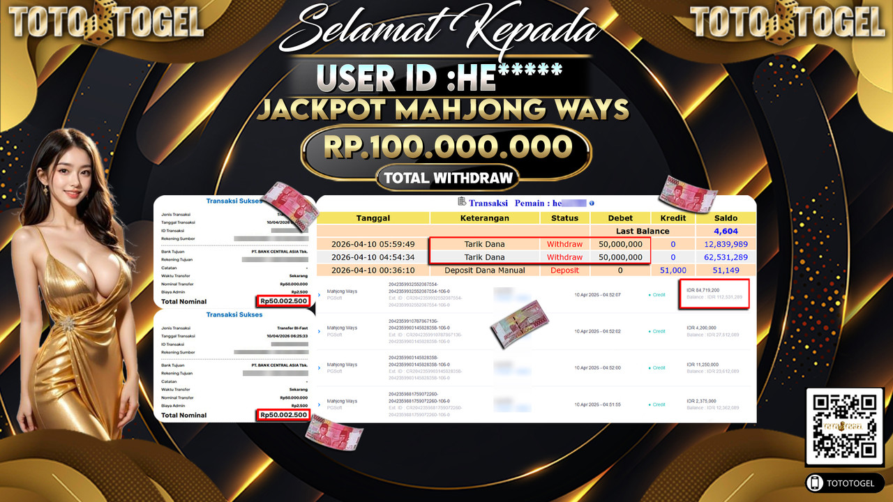 Bukti Pembayaran Jackpot Permainan Slot Mahjong Ways ID:HE*****LUNAS