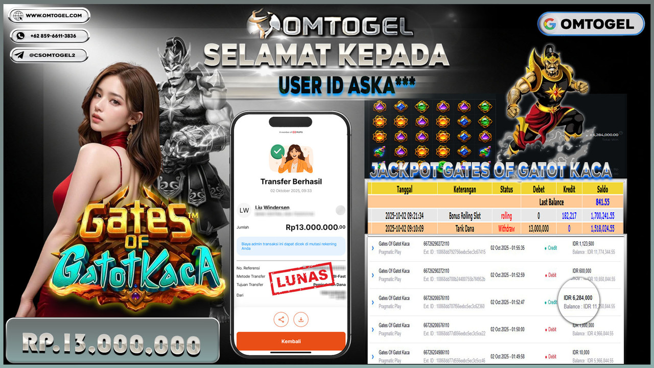 OMTOGEL JACKPOT PRAGMATIC PLAY GATES OF GATOT KACA 13 JUTA DI BAYAR LUNAS ,-