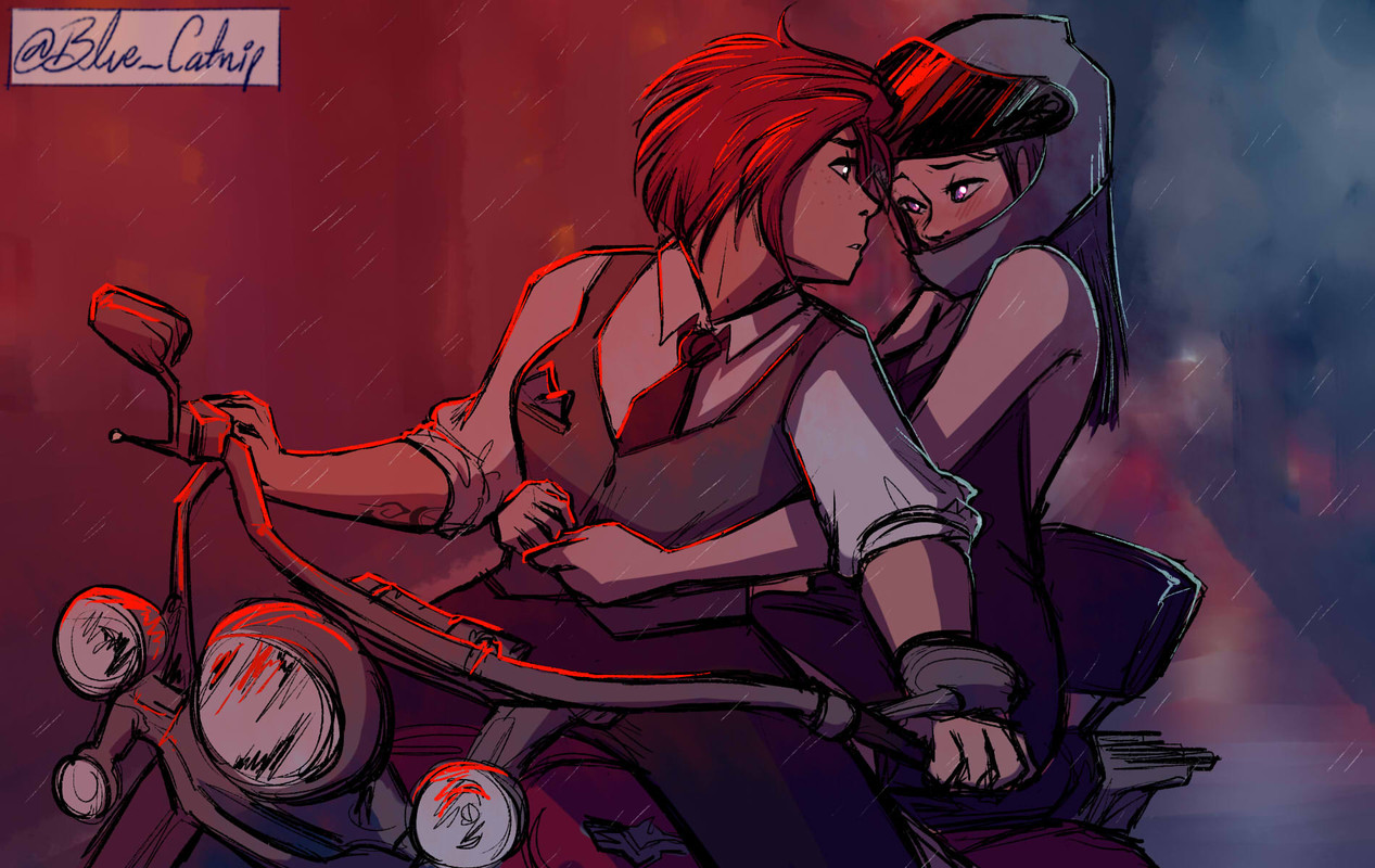 [A Lesbian Walks Into a Bar – pic 2 – Caitlyn and Vi on the motorbike]