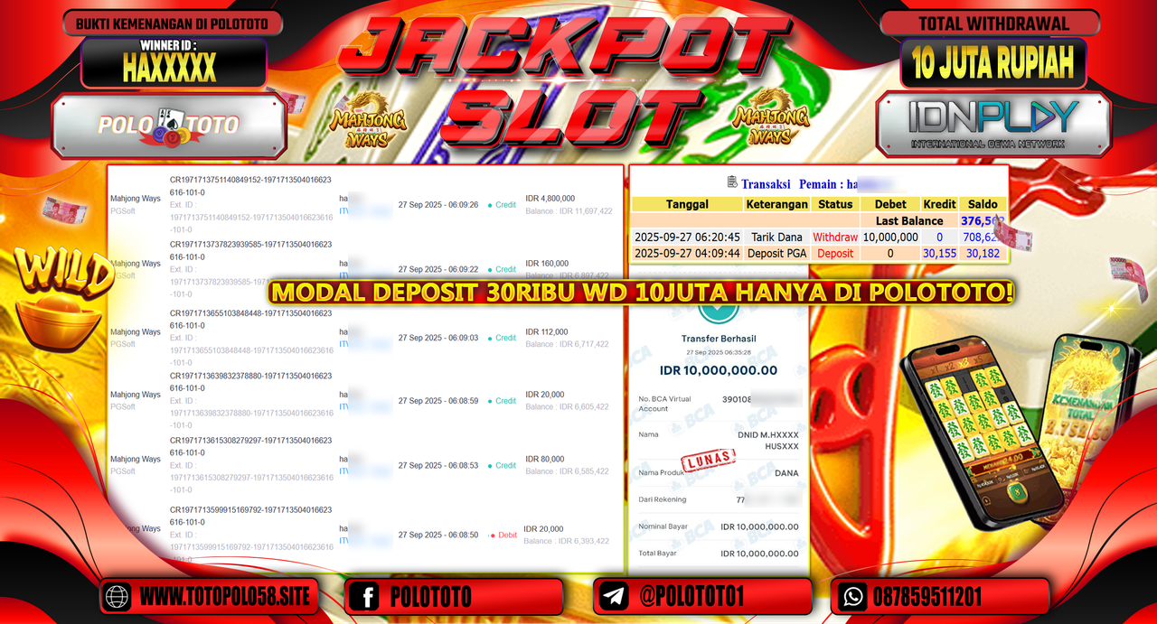 POLOTOTO JACKPOT SLOT MAHJONG WAYS Rp.10.000.000,- LUNAS