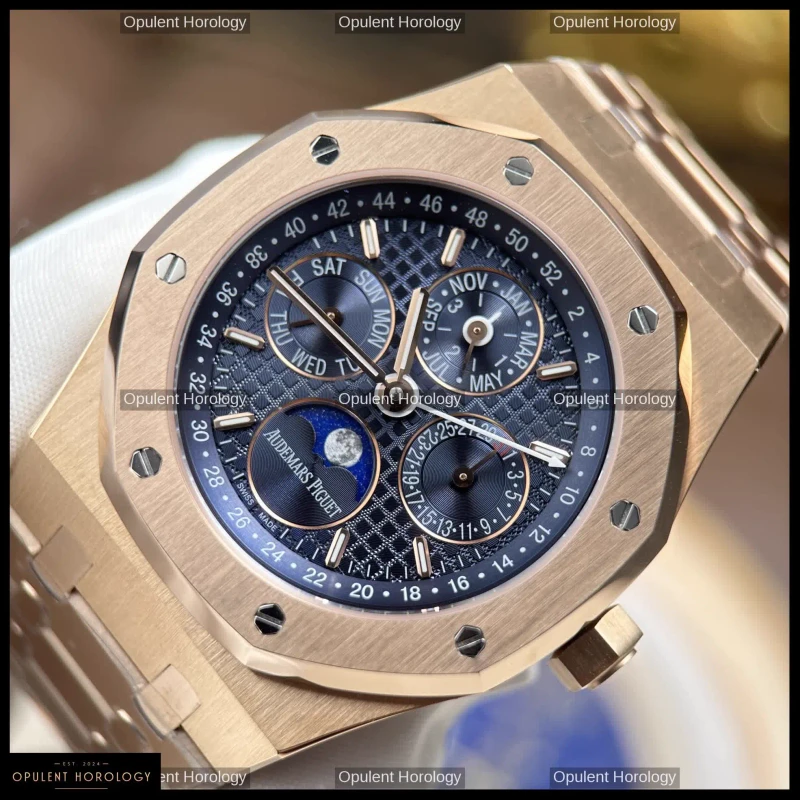 Audemars Piguet Royal Oak Perpetual Calendar 26574OR Rose Gold Plated Blue Grande Tapisserie Dial 41mm Automatic