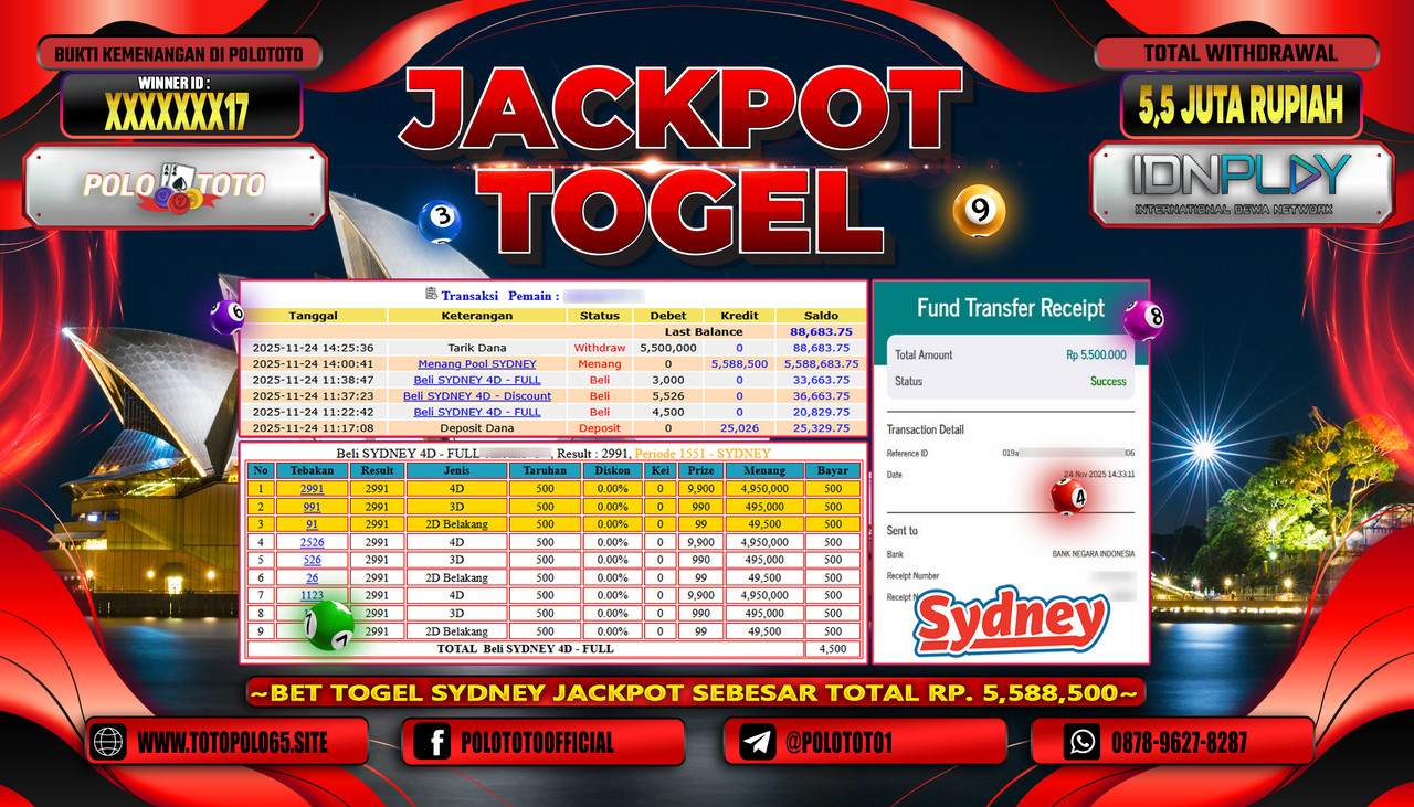 POLOTOTO JACKPOT TOGEL MENANG POOL SYDNEY Rp.5.500.000,- LUNAS