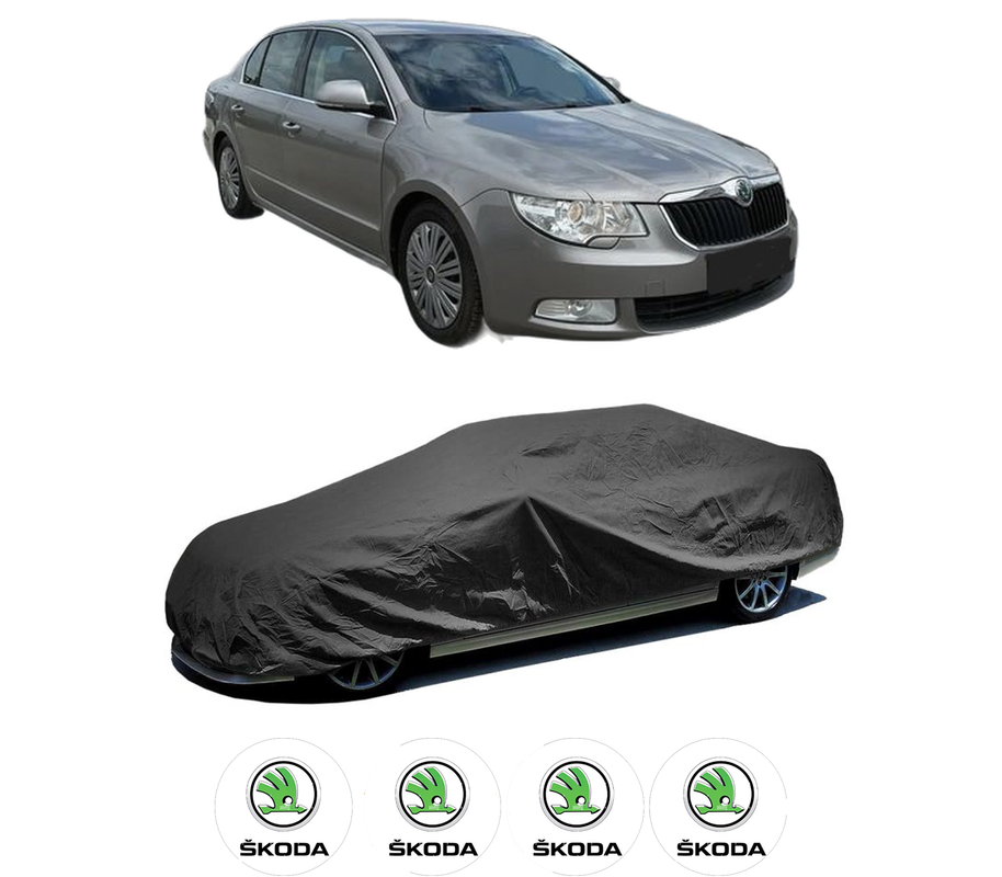 Husa tip prelata auto pentru SKODA SUPERB II (3T4) din 2008-2015, Culoare Negru, material textil impermeabil, rezistanta la intemperii praf UV, CARPASSION Husa Protectie, 4 Stickere auto cu SKODA