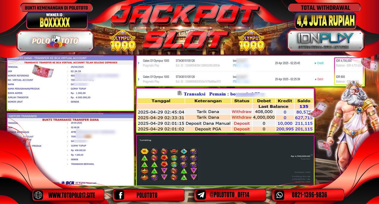 POLOTOTO JACKPOT SLOT GATES OF OLYMPUS 1000 Rp.4.400.000,-
