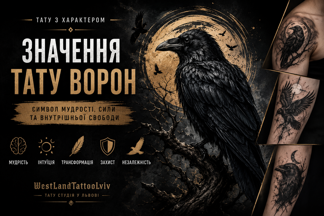 Значення тату ворон — символ мудрості, містики, свободи та трансформації