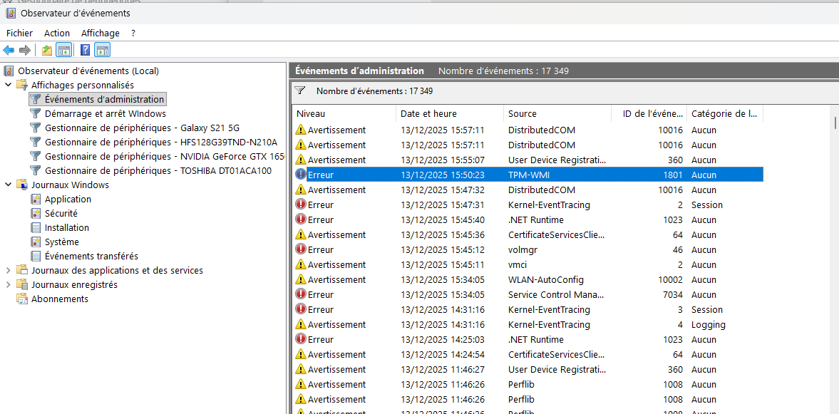 Capture d écran eventviewer TPM WMI 2025 12 13 163128