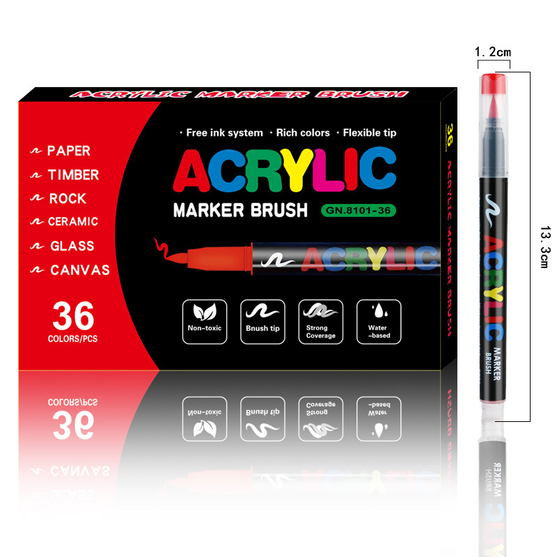 36-Color Liquid Acrylic Paint Markers — Soft Brush Tip| Art & Painting Supplies | Automatic Ink Control System | Suitable for Various Surfaces (Rock, Glass, Wood, Fabric, PP Materials) | Recommended Age: 3+