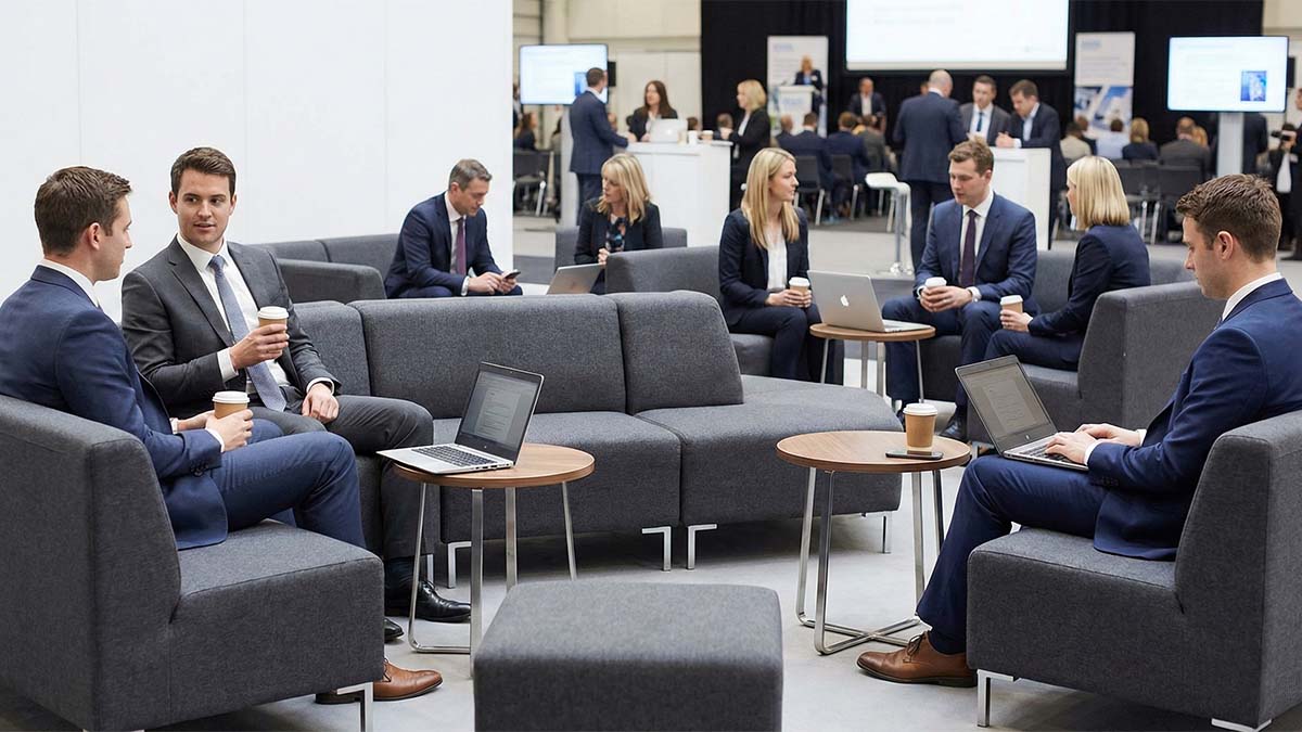 Зона отдыха на бизнес-конференции: модульные диваны, столики для ноутбуков и кофе, деловая атмосфера.