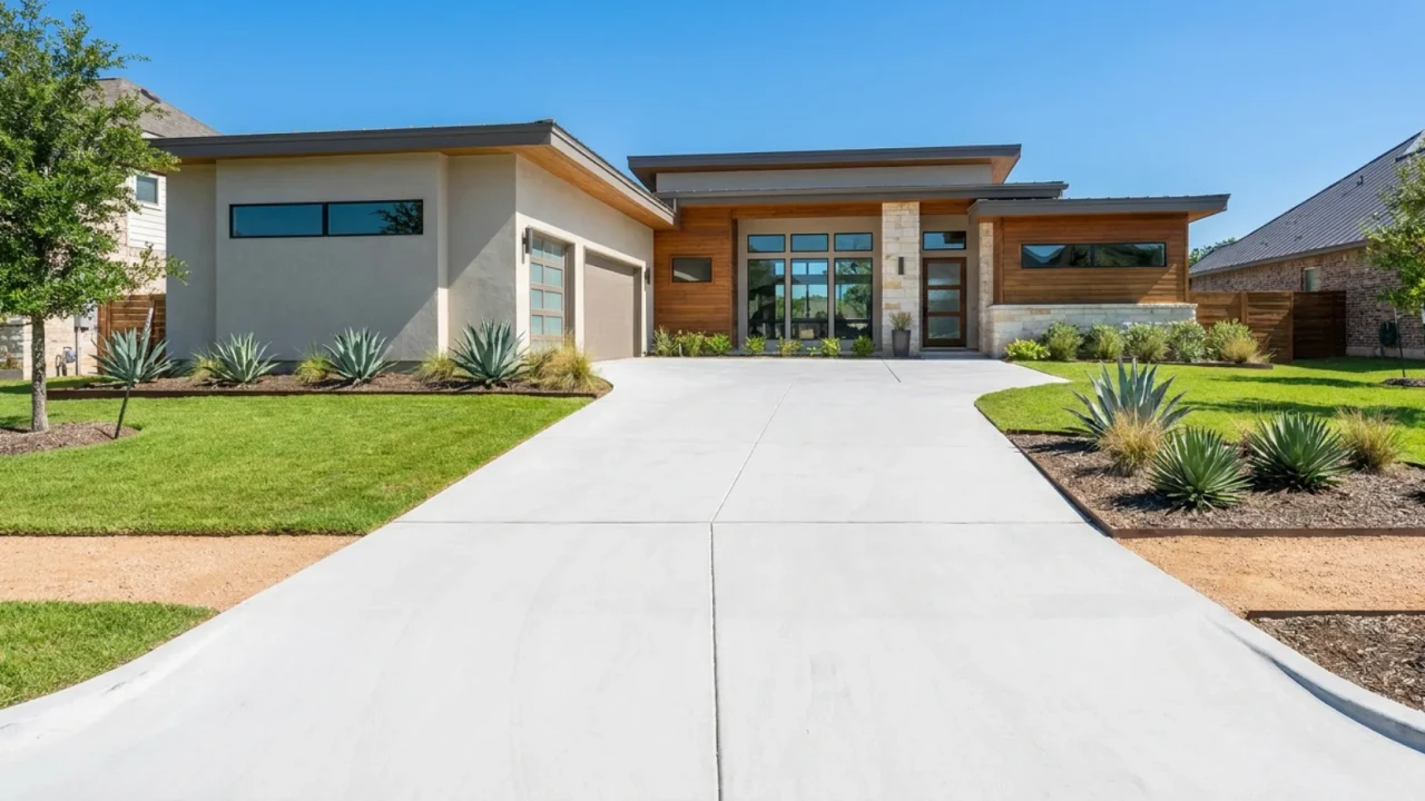 Wide two-car concrete driveway installation San Antonio