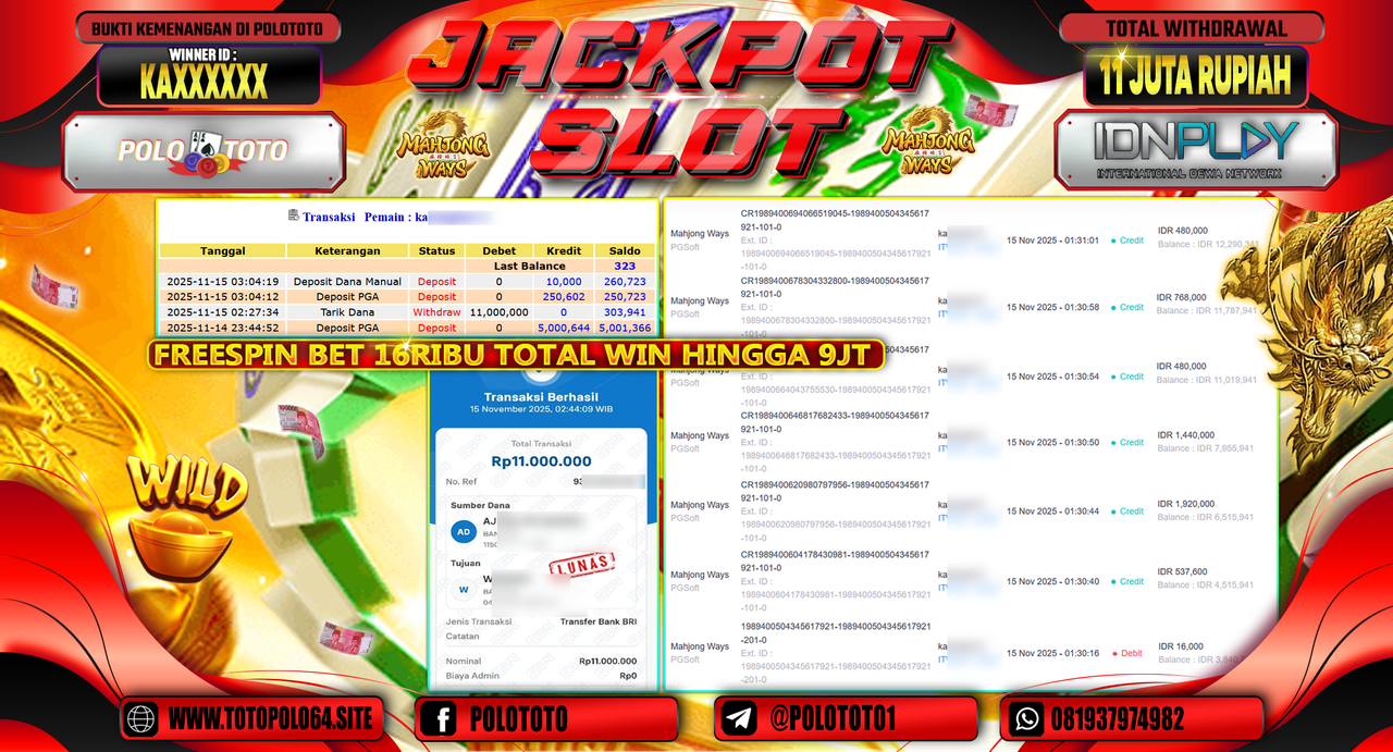 POLOTOTO JACKPOT SLOT MAHJONG WAYS Rp.11.000.000,- LUNAS