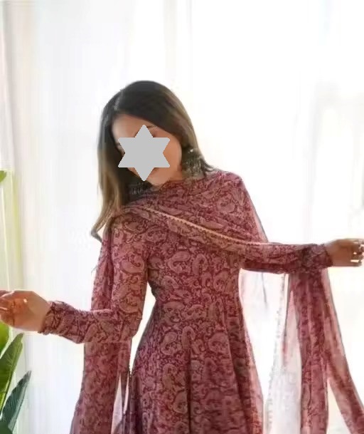 Maroon Jaipuri Printed Anarkali Kurti for Women | Flared Ethnic Long Gown Style Kurta with Dupatta l Maroon Round Neck Printed Kurti | Flared Gown Style Anarkali Kurta with Sleeves l Aagyeyi Ensemble Women Kurta Sets Color 1 (KS153)