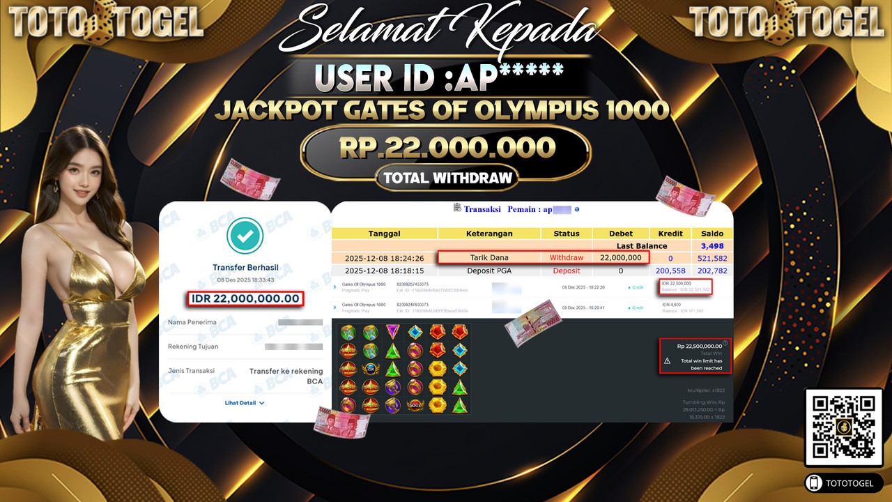 Bukti Pembayaran Jackpot Permainan Slot Gates Of Olympus 1000 ID:AP***** LUNAS