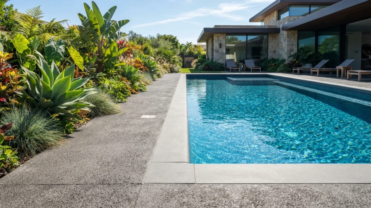 Textured concrete pool deck edge with plant landscaping beside the swimming pool