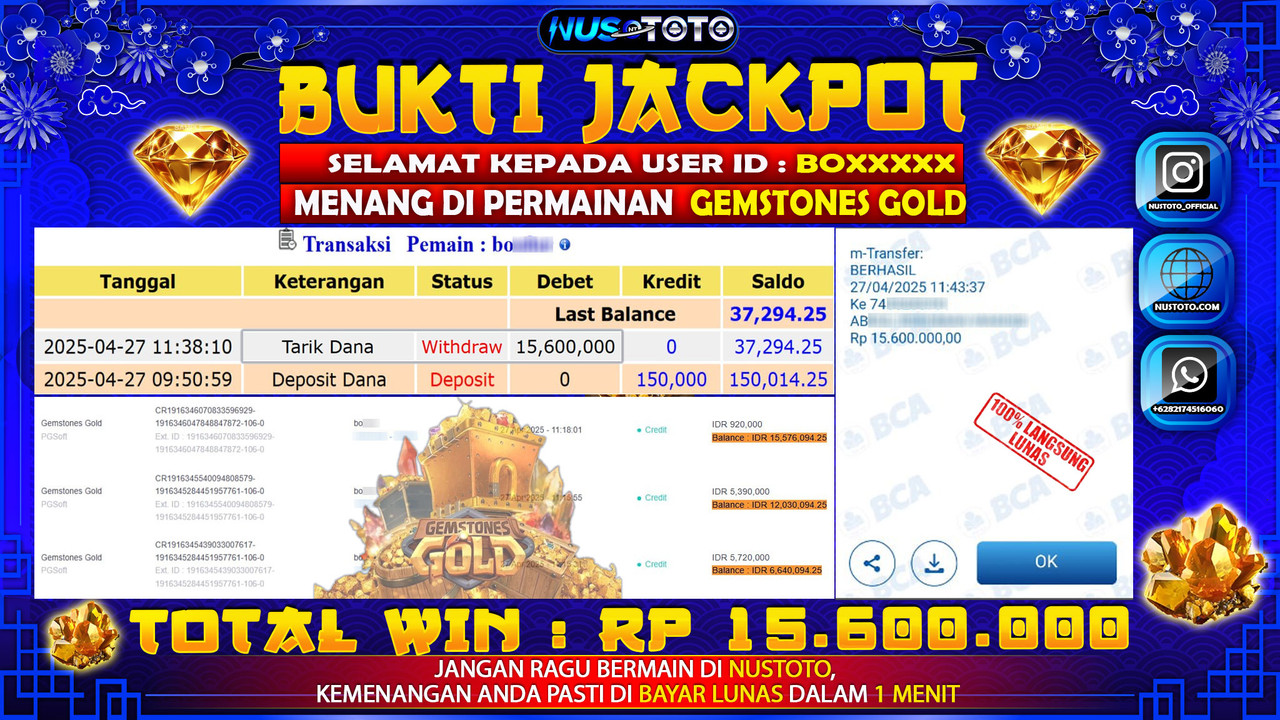 JACKPOT !! MENANG BESAR DI GEMSTONE GOLD Rp. 15.600.000 LANGSUNG DI BAYAR LUNAS NUSTOTO !!