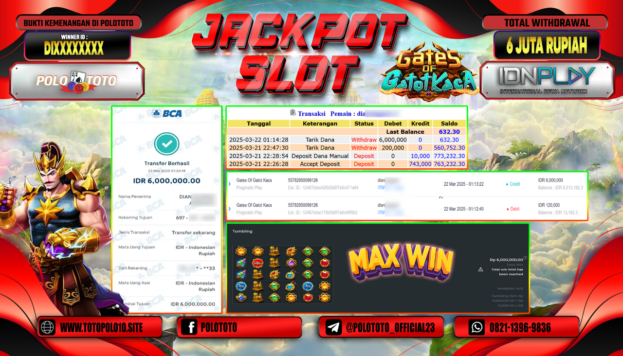 POLOTOTO JACKPOT SLOT GATES OF GATOT KACA Rp.6.000.000,-