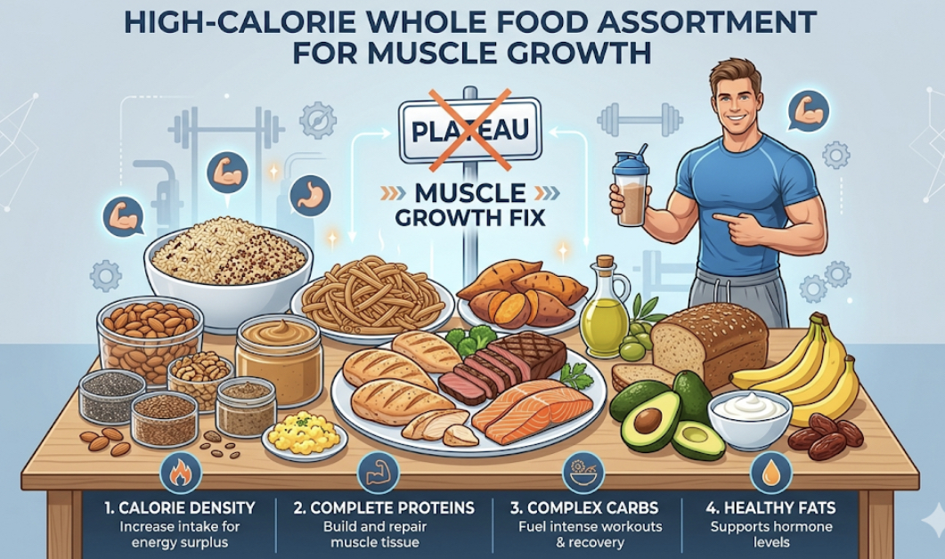 Assortment of high-protein whole foods including chicken breast, eggs, fish, Greek yogurt, tofu, and lentils, explaining muscle growth problems and training but no muscle gain